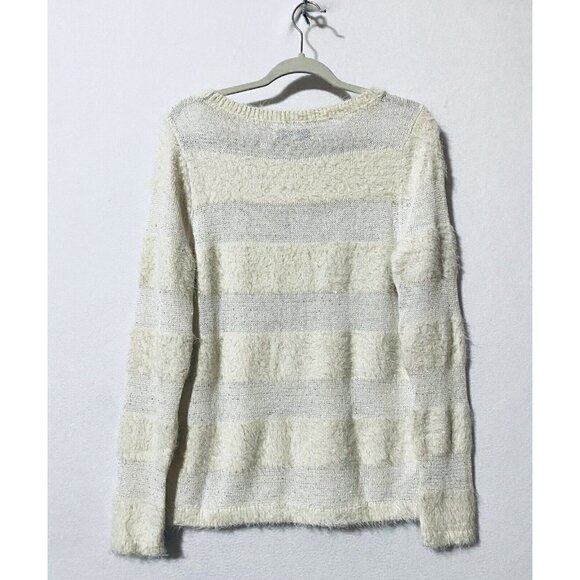 LOFT Womens Large Striped Sequin Eyelash Knit Sweater Ivory White Wool Boho - Picture 5 of 8